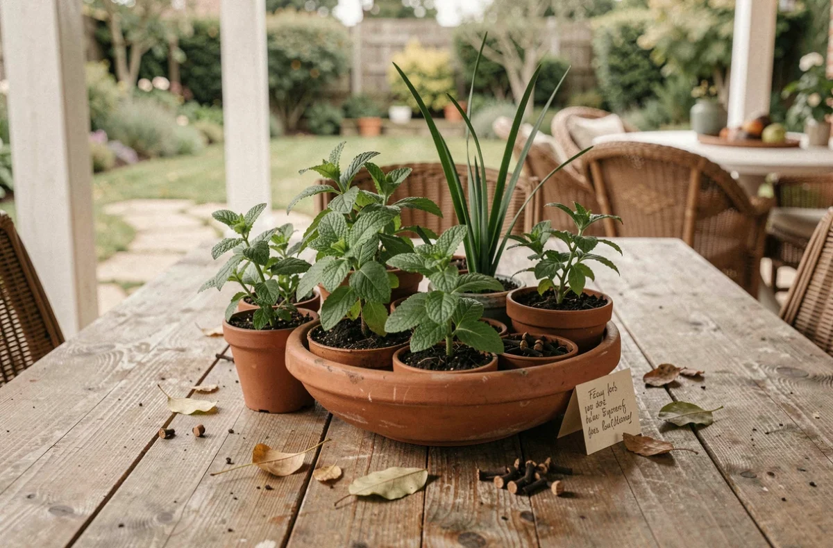 Arrangement de plantes aromatiques en pots sur une table de jardin pour protéger la famille des mouches sans produits chimiques
