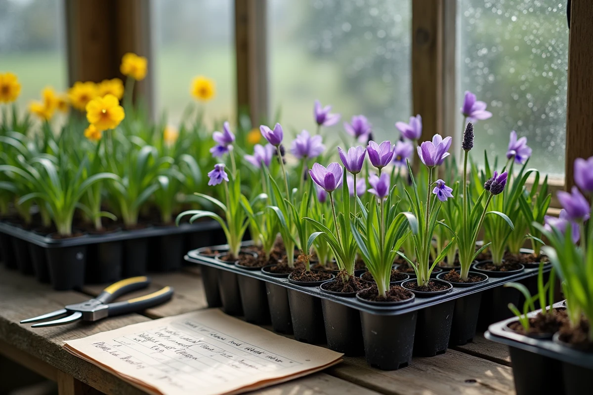 Plateau de jeunes plants de fleurs de printemps dans une serre en mai avec pansies et lavande