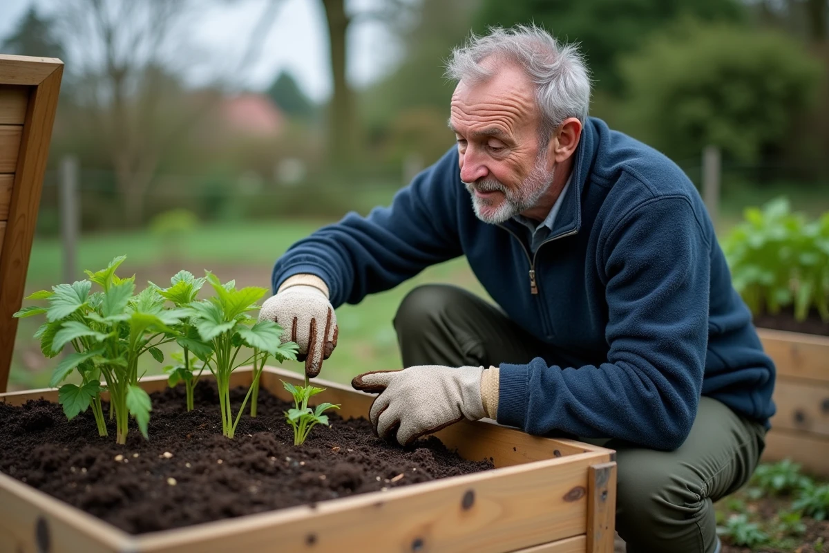 Homme accroupi près d'un composteur ouvert montrant des plants de pommes de terre qui ont poussé spontanément dans le compost
