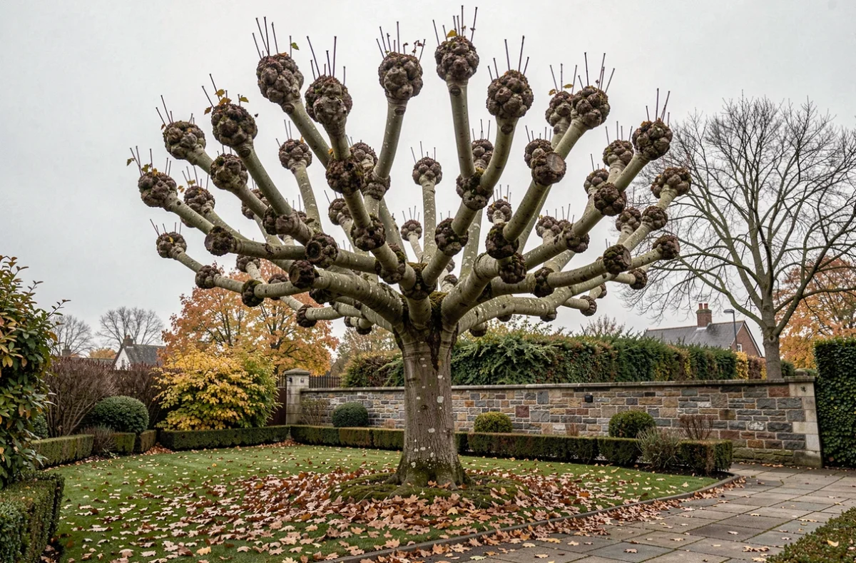 Platane élagué en tétard dans un jardin urbain montrant une repousse dense de nouvelles branches en automne