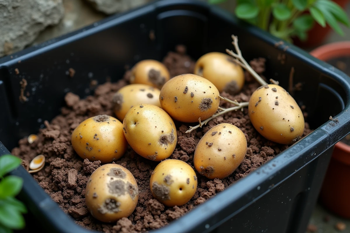 Gros plan d'un bac à compost contenant des pommes de terre avec des germes et des moisissures parmi d'autres déchets organiques
