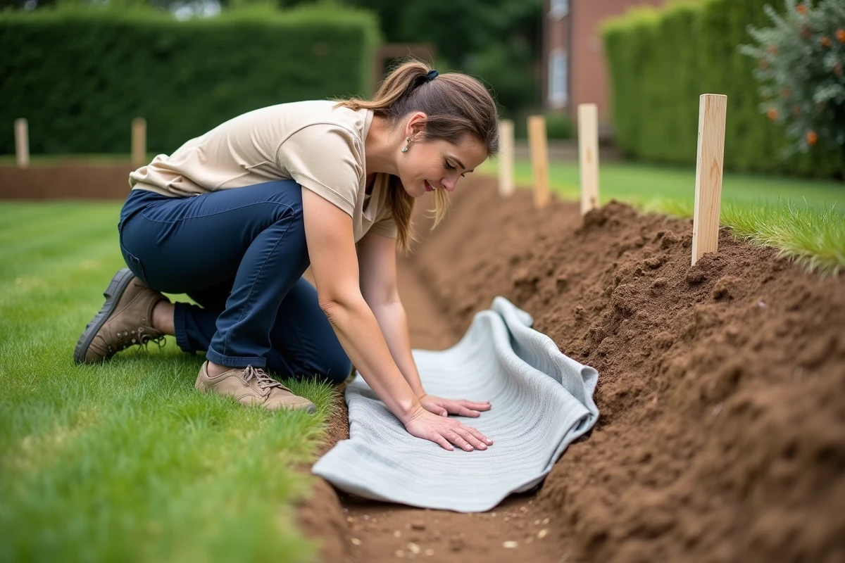 Femme posant un géotextile sur un remblai en pente dans un jardin résidentiel pour stabiliser le terrain