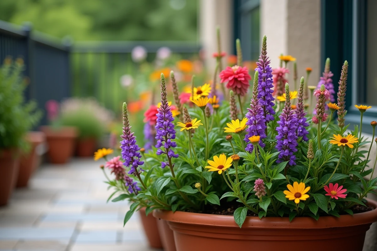 Pot de fleurs vivaces à longue floraison sur une terrasse urbaine avec cosmos et salvia