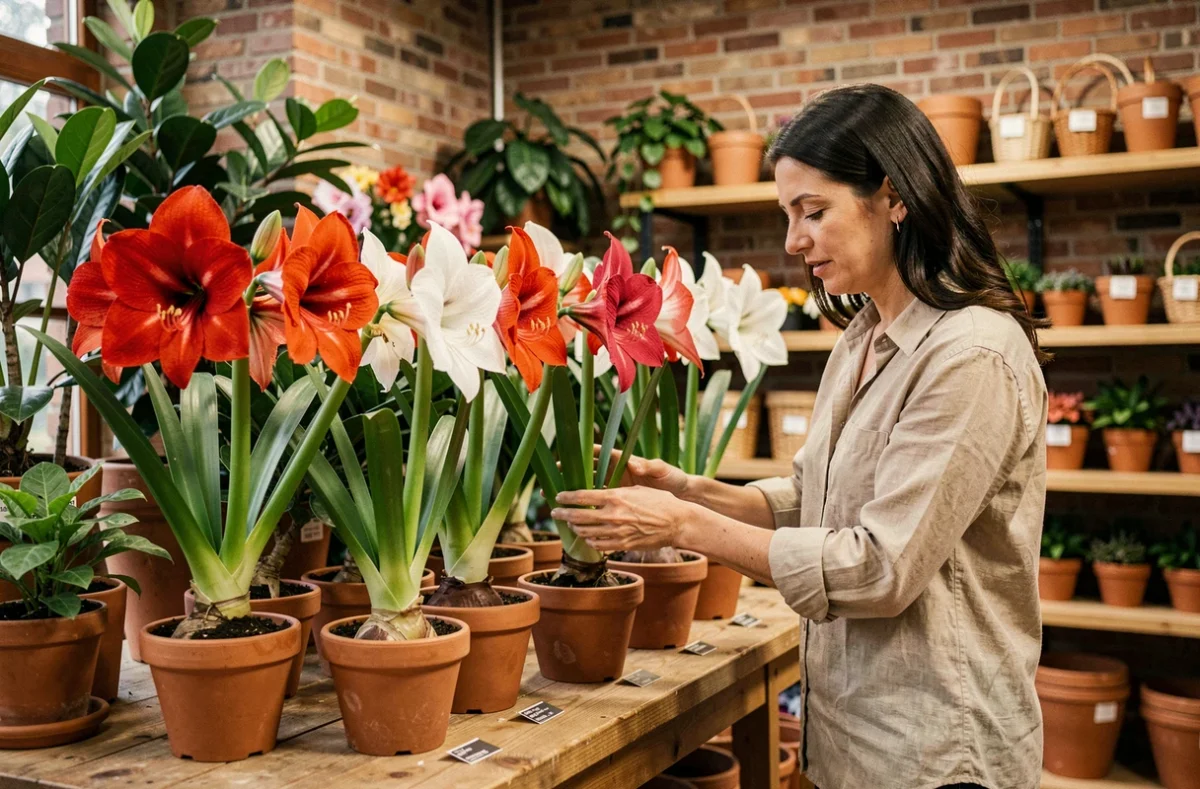 Fleuriste arrangeant des amaryllis dans la boutique Prestige Amaryllis dans le Rhône