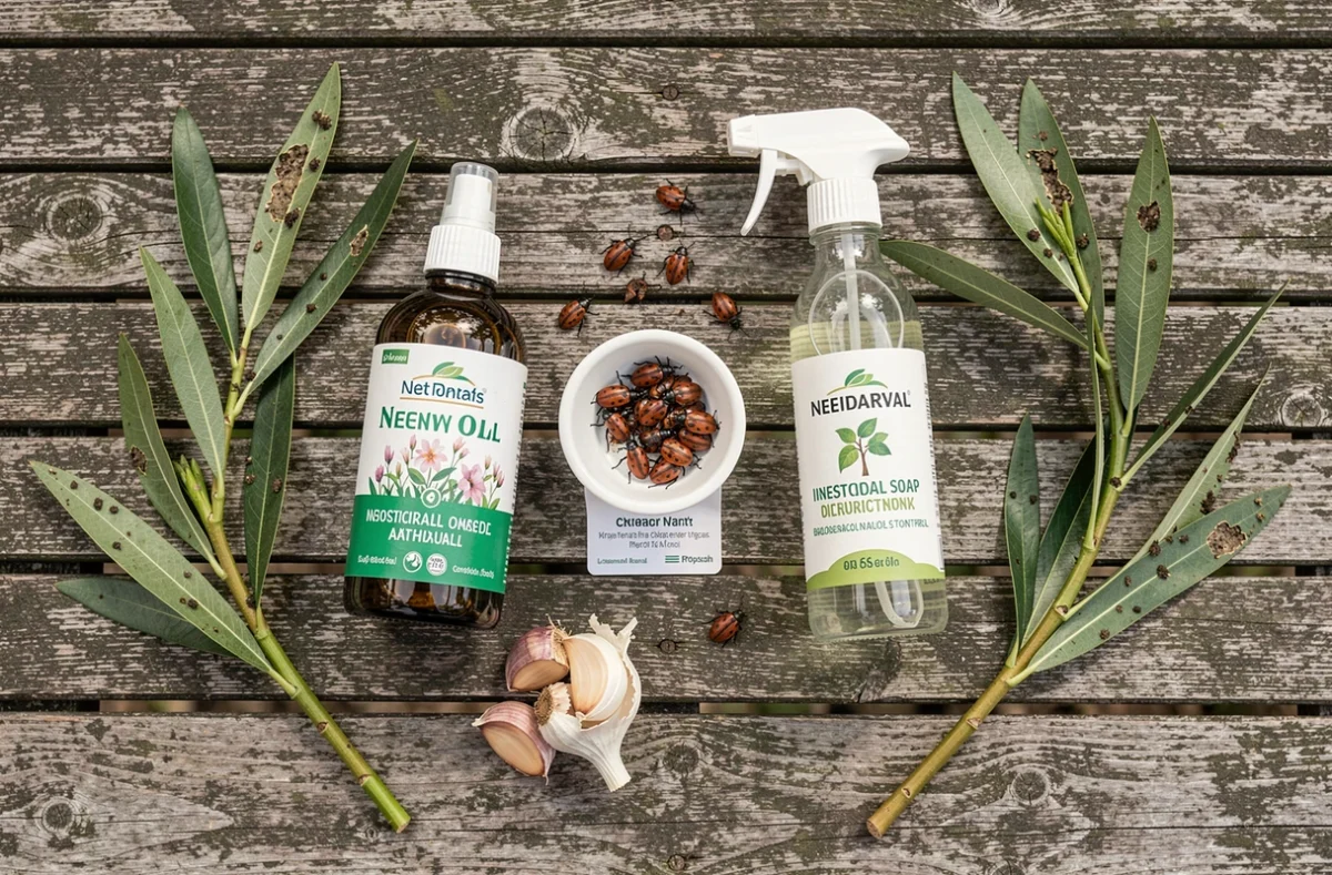 Produits naturels de traitement contre les pucerons du laurier rose disposés sur une table de jardin