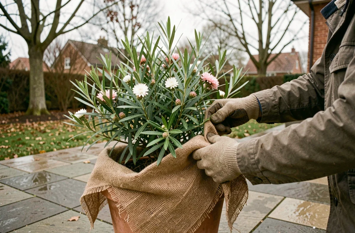 Jardinier protégeant un Chamelaucium Geraldton Wax en pot avec un voile hivernal, protection contre le gel au jardin