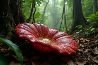 Fleur Rafflesia arnoldii en pleine floraison sur le sol de la forêt tropicale de Sumatra, montrant ses pétales cramoisis tachetés de blanc d'un mètre de diamètre