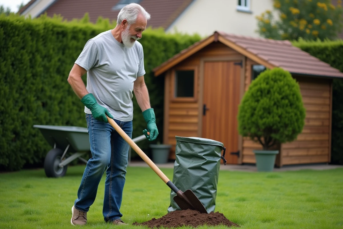 Homme ramassant les crottes de chien dans son jardin avec une pelle et un sac biodégradable