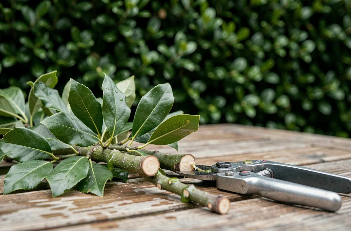 Gros plan sur des rameaux de lauriers fraîchement coupés et un sécateur posé sur une table en bois de jardin