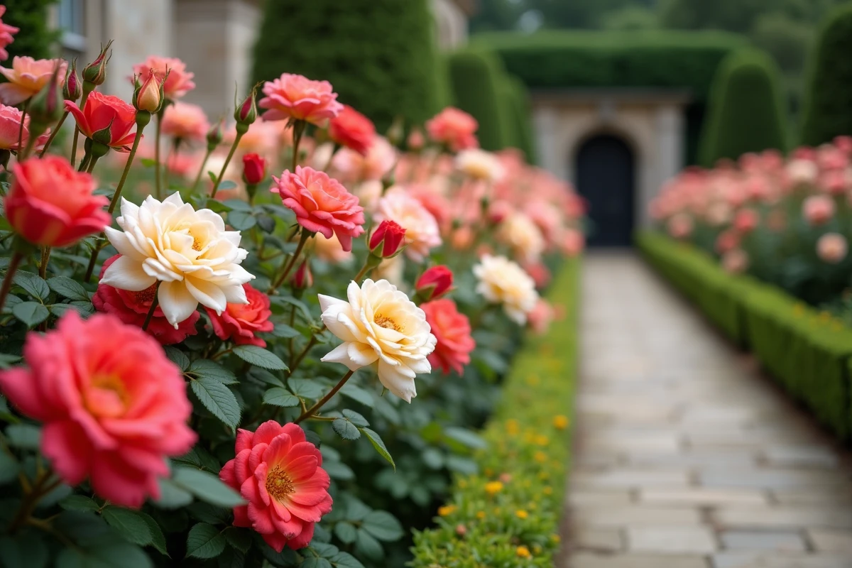 Rangée de rosiers anciens en pleine floraison estivale le long d'une allée de jardin à la française