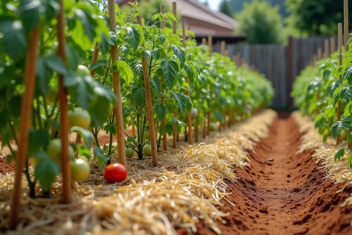 Rangée de plants de tomates tuteurés avec un paillis de tontes de gazon dans un potager ordonné