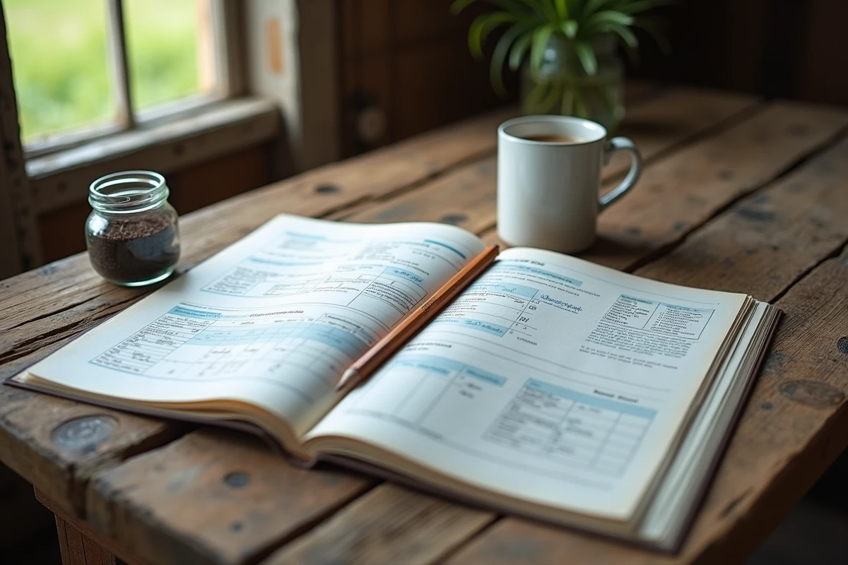 Rapport d'analyse de sol ouvert sur une table en bois avec un échantillon de terre et des annotations manuscrites