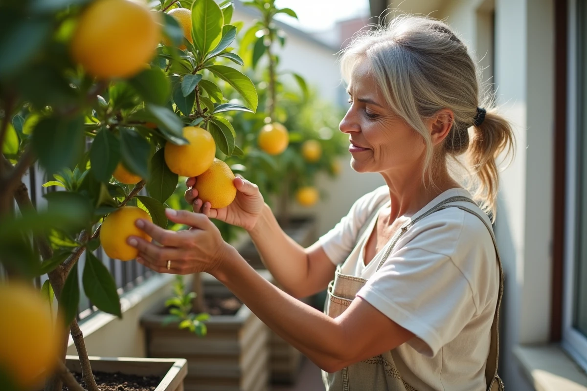 Femme récoltant des citrons mûrs sur un citronnier en pot sur une terrasse urbaine