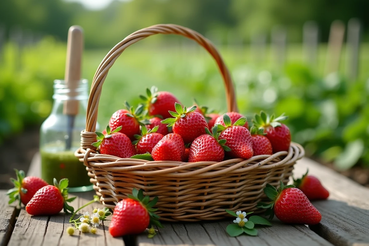 Panier de fraises fraîches récoltées dans un jardin biologique, entretenu sans pesticides ni produits chimiques, posé sur une table de jardin en bois avec de l'engrais naturel en arrière-plan