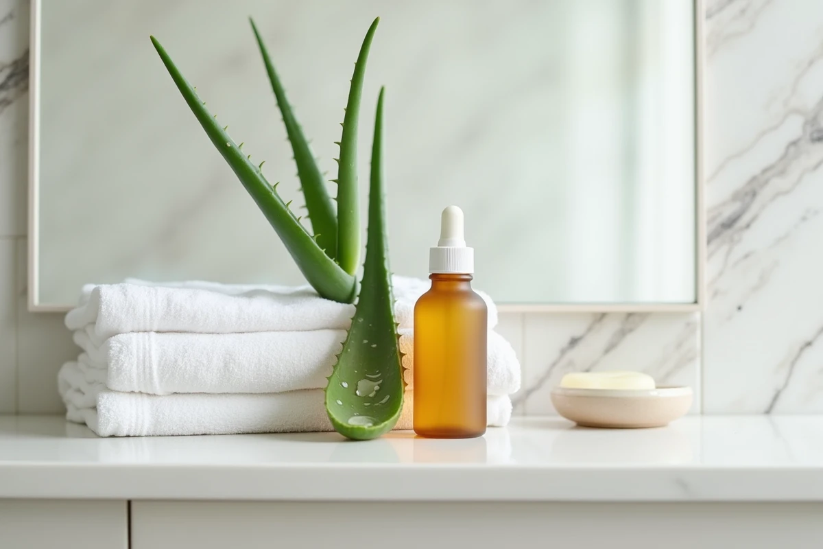 Gel naturel apaisant et feuille d'aloe vera pour soulager les piqûres de petite bête rouge, posés sur une étagère de salle de bain