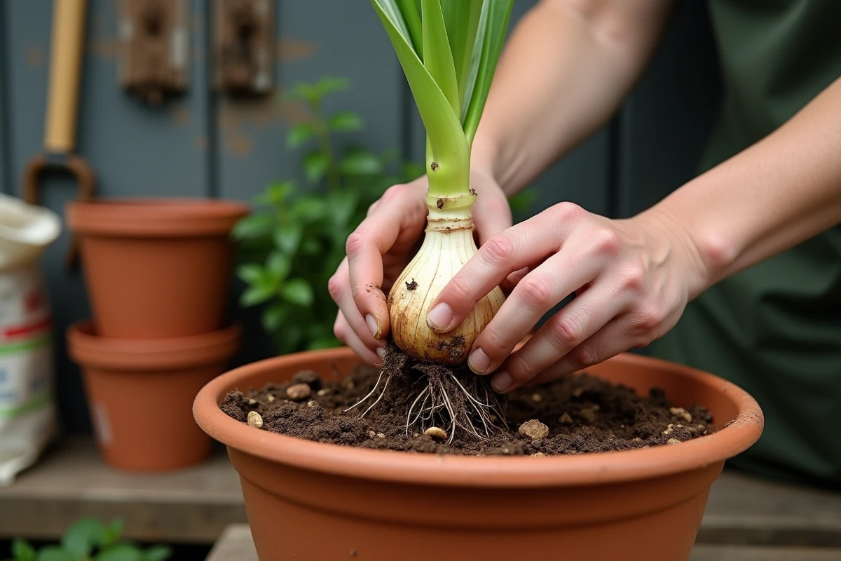 Mains rempotant un bulbe de lys oriental dans un pot en argile avec du terreau drainant sur une table de jardinage
