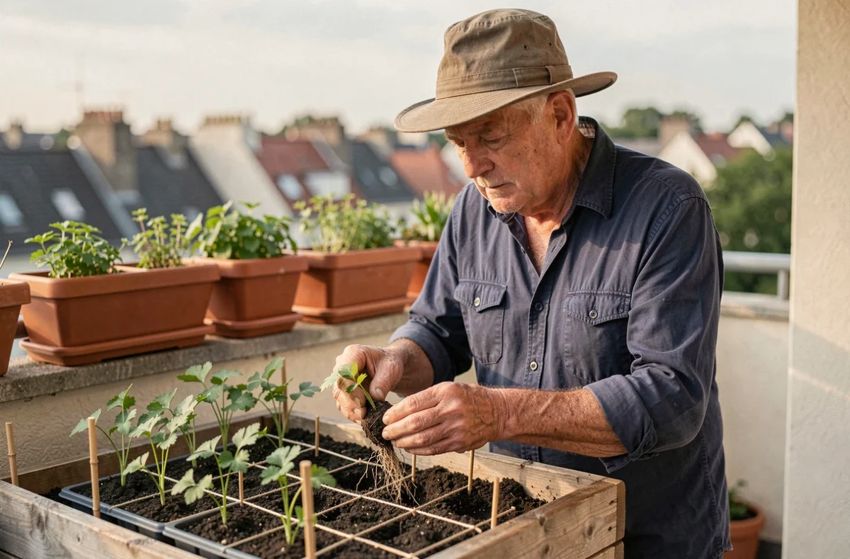 Homme âgé repiquer des plants de persil dans un carré potager surélevé sur un balcon urbain, organisant soigneusement l'espace de culture
