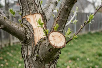 Repousse de jeunes pousses vertes sur un arbre élagué au printemps avec des moignons de branches visibles