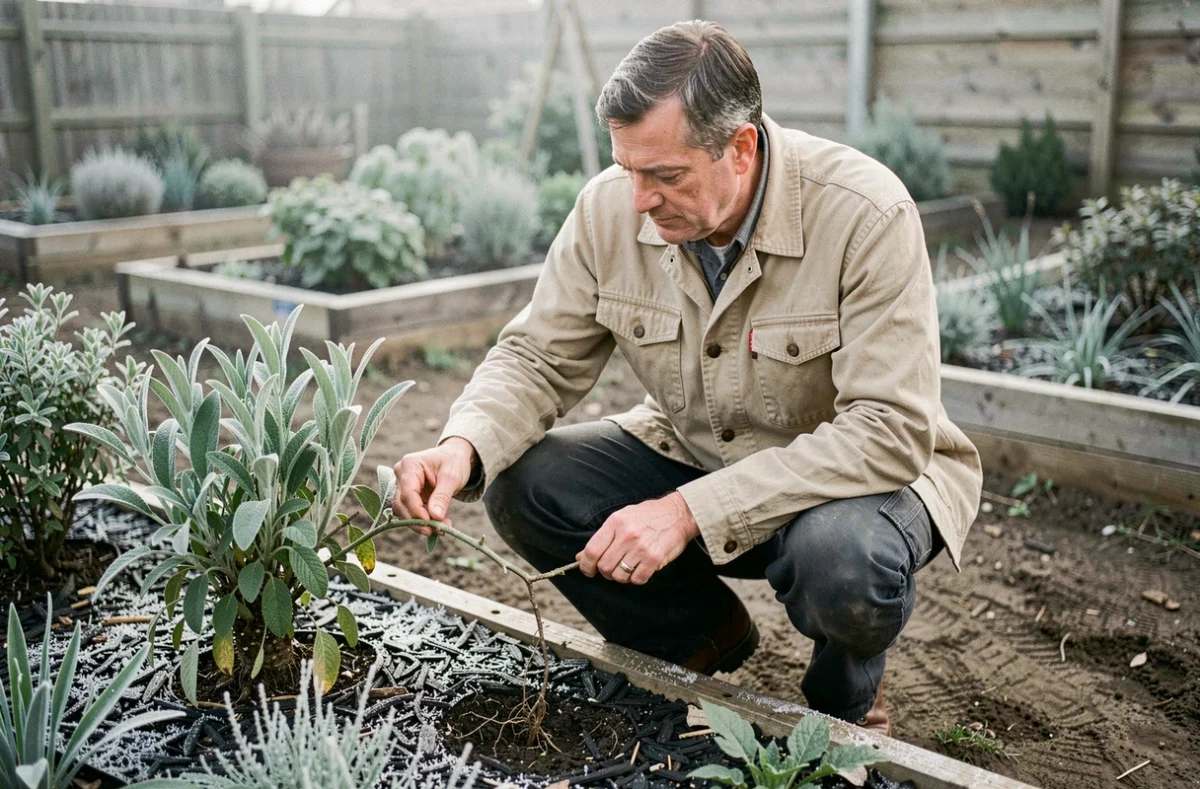 Jardinier vérifiant la reprise d'une sauge après le gel en testant la flexibilité des tiges au jardin au printemps