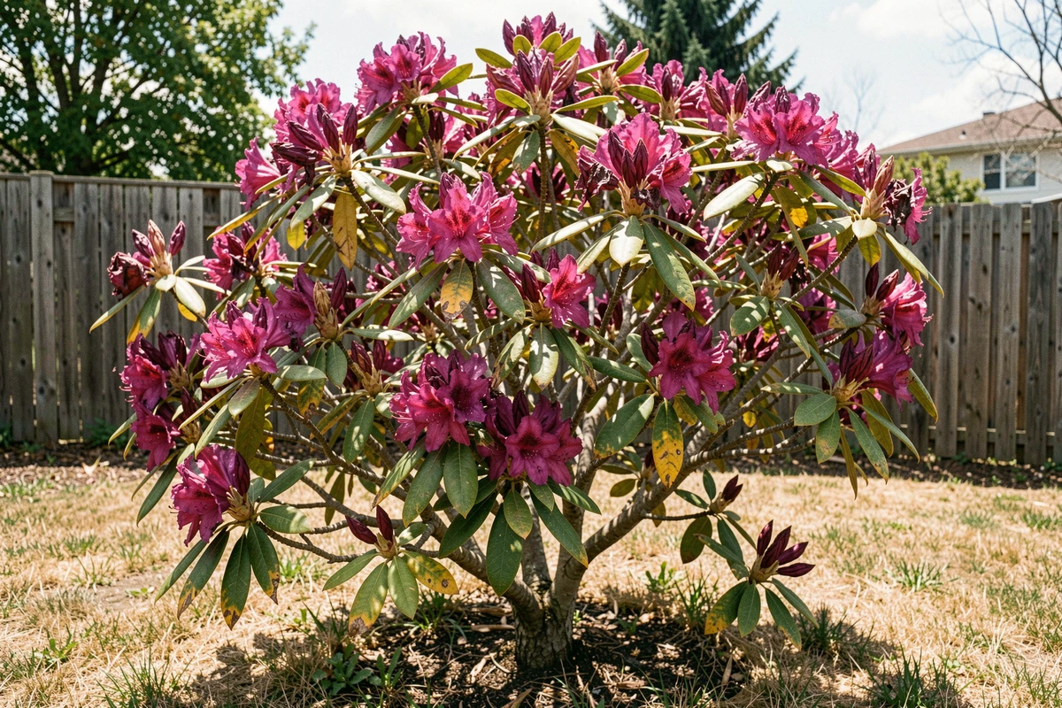 Rhododendron en fleurs aux pétales fanés souffrant de la chaleur estivale dans un jardin de banlieue avec pelouse sèche