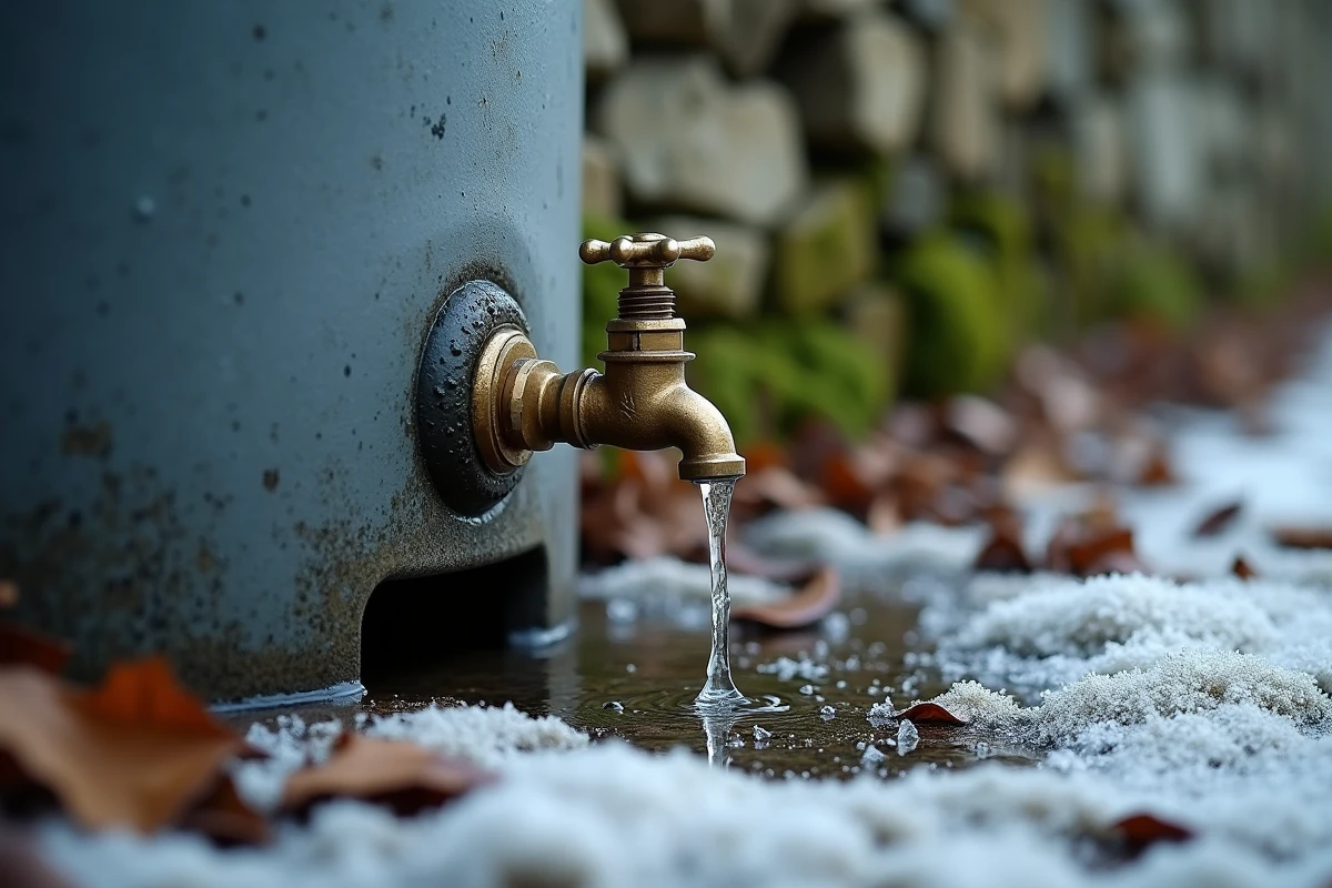 Robinet de vidange d'un récupérateur d'eau ouvert en hiver avec givre et gravier gelé au sol