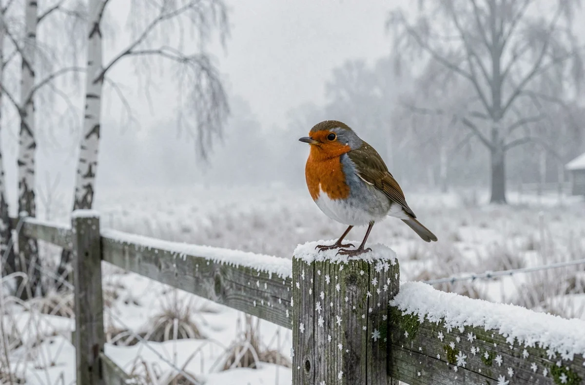 Rouge-gorge sur un piquet de clôture enneigé en hiver, symbolisme de renouveau et résilience