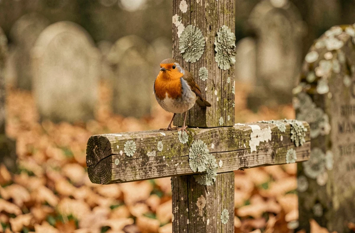 Rouge-gorge perché sur une croix en bois dans un cimetière, symbolique spirituelle et croyances populaires