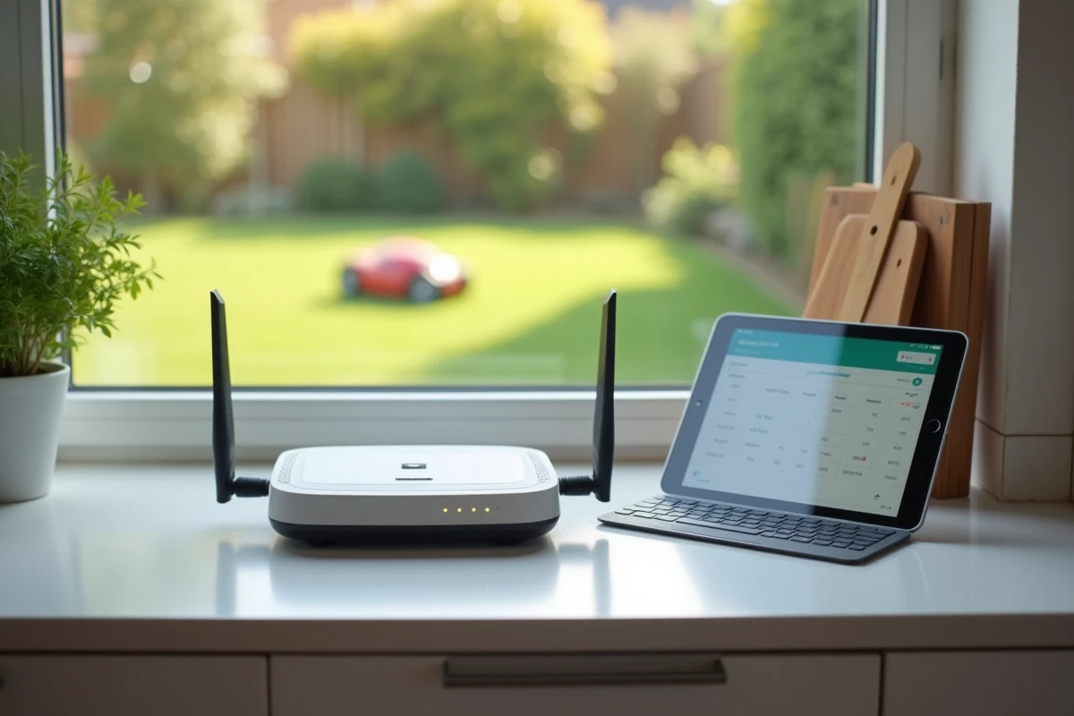 Routeur WiFi domestique sur un rebord de fenêtre avec tondeuse robotisée visible dans le jardin