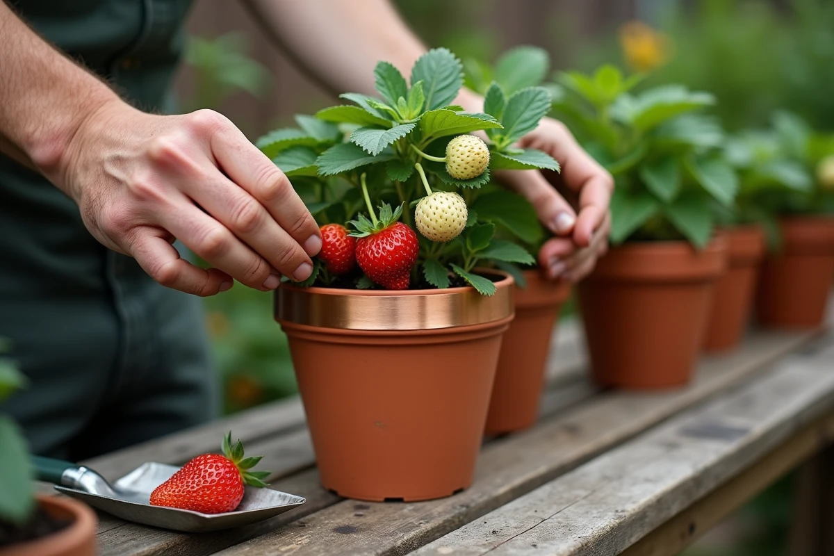 Pose d'un ruban de cuivre anti-limaces autour d'un pot de fraisiers en terre cuite pour protéger les fraises