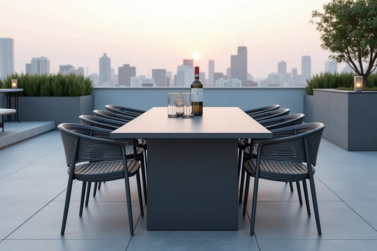 Salon de jardin en aluminium anthracite mat sur une terrasse urbaine avec vue sur la ville en arrière-plan