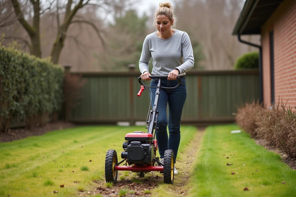 Femme utilisant un scarificateur mécanique pour aérer et régénérer une pelouse endommagée au printemps