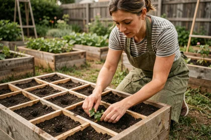 Femme semant des graines de persil dans un carré potager divisé en sections, les mains dans la terre sombre d'un jardin surélevé en bois