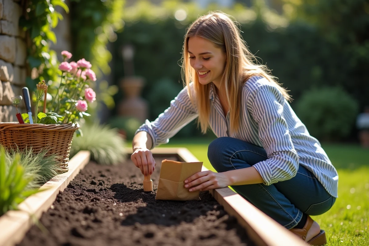 Jeune femme semant des graines de fleurs dans un carré de jardin surélevé en bois avec un semoir en bois et une enveloppe de graines