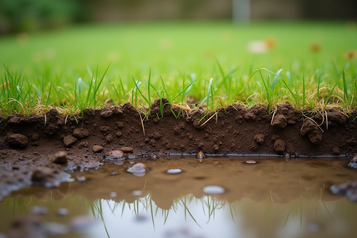 Gros plan sur une pelouse stressée avec accumulation de chaume, mousse et sol compacté nécessitant une aération