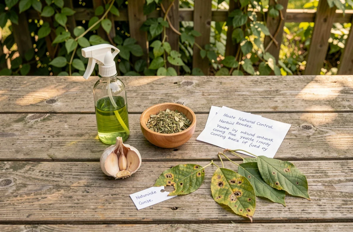 Remèdes naturels contre les chenilles disposés sur une table de jardin en bois avec feuilles abîmées
