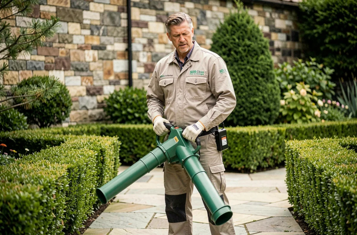 Un technicien de SOS Clean Charles de Montagny entretenant un jardin résidentiel avec du matériel professionnel