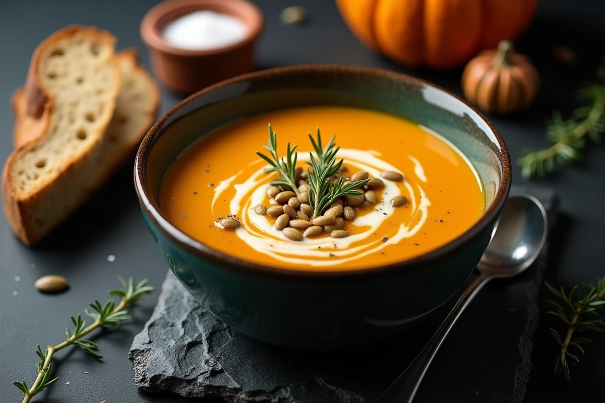 Bol de soupe de citrouille Bleu de Hongrie garnie de crème fraîche et graines de courge sur ardoise sombre