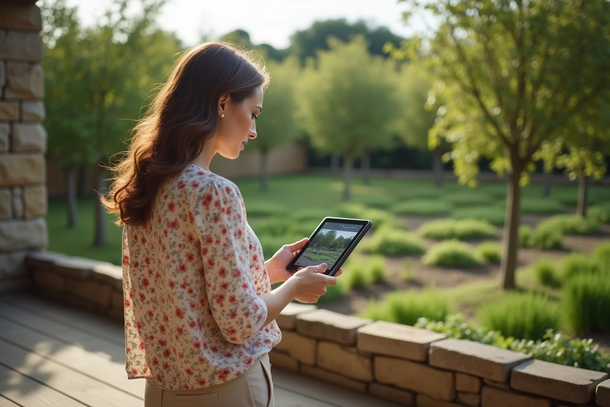 Femme consultant un système de surveillance de jardin sur tablette depuis sa terrasse en bois