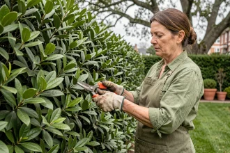 Femme taillant une haie de lauriers avec un sécateur manuel dans un jardin bien entretenu au printemps