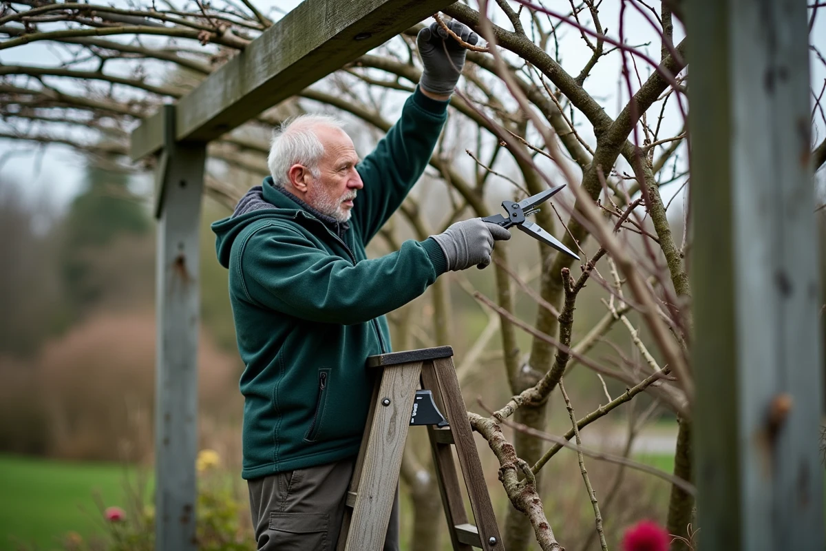 Homme sur un escabeau taillant les longs rameaux d'un rosier grimpant sur une pergola en bois en hiver