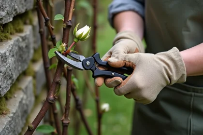 Femme taillant des rosiers grimpants sur un mur en pierre au printemps avec un sécateur, gros plan sur les mains et le bourgeon