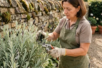 Femme jardinière taillant un plant de sauge arbustive avec un sécateur dans un jardin en pierre au printemps