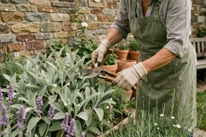 Femme en tablier taillant un buisson de sauge dans un jardin de plantes aromatiques avec des cisailles de jardinage
