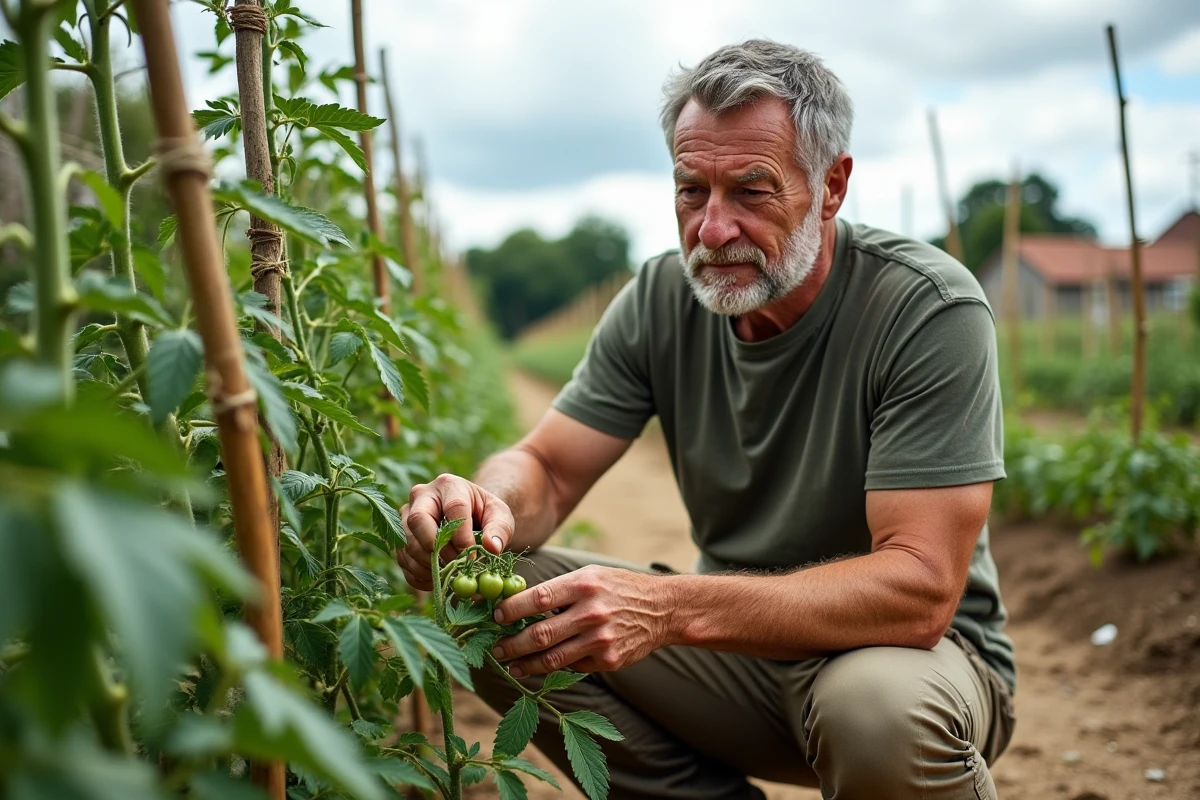 Jardinier supprimant un gourmand de tomate en plein air dans un potager