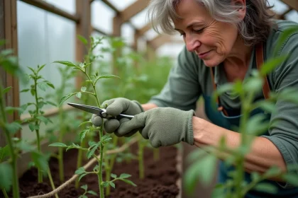 Femme taillant les gourmands d'un pied de tomate en serre avec des ciseaux de jardinage