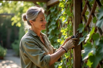 Femme taillant les sarments d'une vigne sur une pergola en bois dans un jardin fleuri