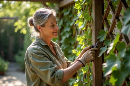 Femme taillant les sarments d'une vigne sur une pergola en bois dans un jardin fleuri