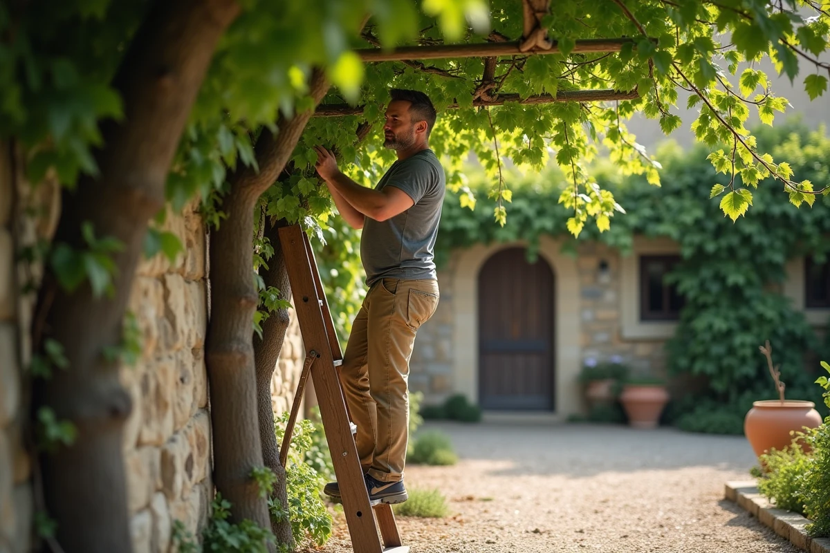 Homme sur un escabeau taillant une vigne envahissante sur une tonnelle en fer forgé