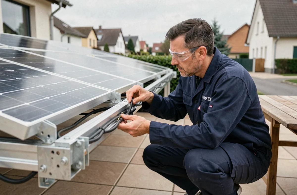 Technicien inspectant les connexions de panneaux photovoltaïques sur une pergola solaire résidentielle dans le Bas-Rhin près de Geispolsheim