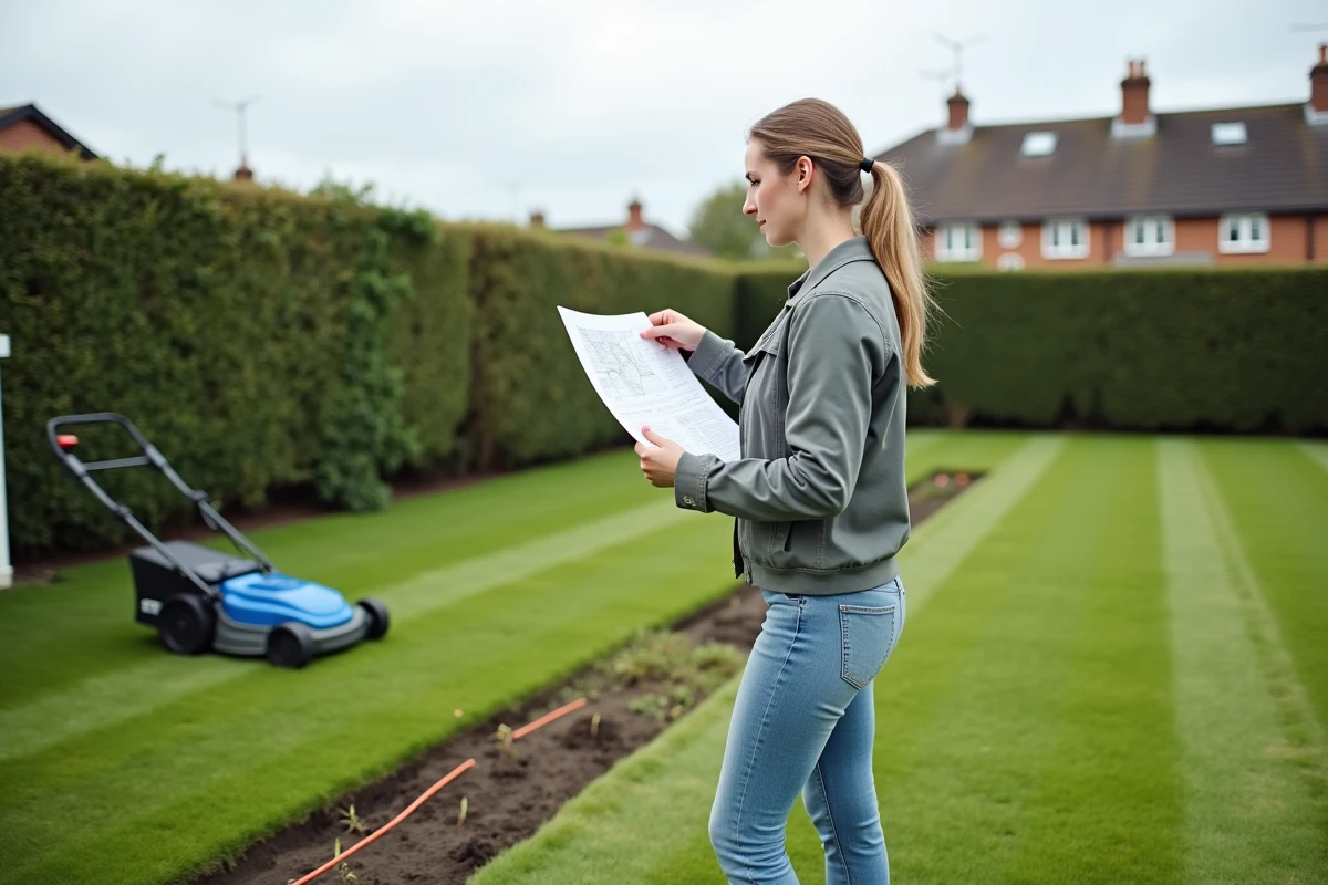 Femme technicienne supervisant l'installation d'un fil périphérique de tondeuse robot dans un grand jardin résidentiel